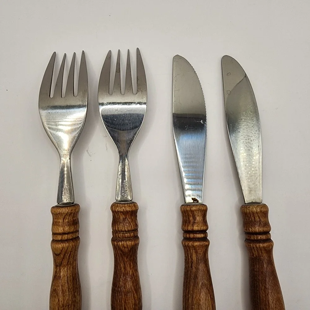Vintage Old Homestead Stainless Steel Wood Handle Forks & Butter Knives Set of 4